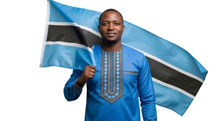 A patriotic Motswana man proudly holds the national flag of Botswana, symbolizing national identity and pride against a white background