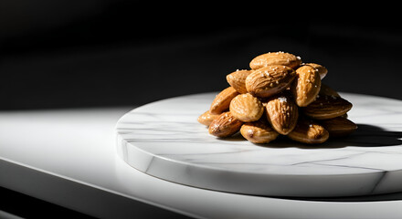 Close-up of salted almonds on a white marble surface, perfect food photography
