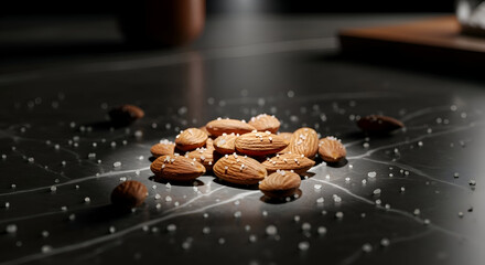 Close-up of salted almonds on a marbled surface with hints of food ingredients and salt