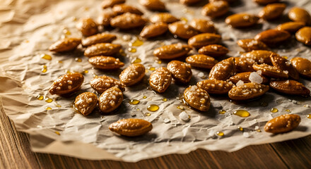 Close-up of salted and glazed almonds on a wax paper, healthy snack in the spotlight