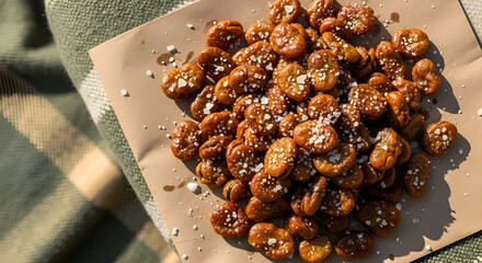 Close-up of salted broad beans on rustic background during the day with natural light