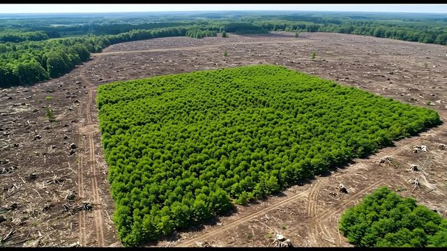 Aerial view of a square shaped green forest patch surrounded by deforestation