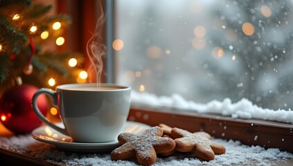Hot Coffee and Gingerbread Cookies by the Window — Snow Falling Outside on Christmas Morning