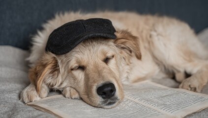 Adorable golden retriever puppy napping while wearing a cap and reading a book