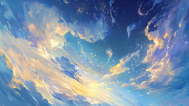 Dreamy celestial sky with glowing stars and ethereal clouds bathed in warm golden light, inspiring wonder and imagination for creative projects