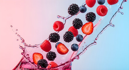 Fresh mixed berries splashing into clear water with pink and blue background, creative fruit photography concept for healthy drink, freshness, and summer lifestyle food design