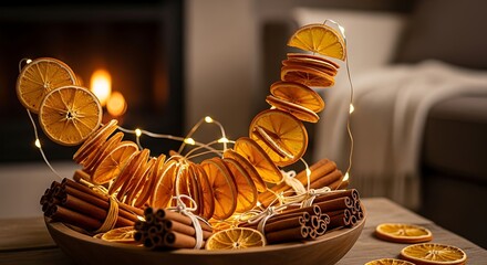 Dried orange slices and cinnamon sticks in a bowl with fairy lights.