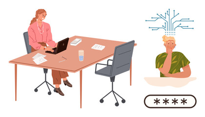 Fototapeta premium Woman seated at desk with laptop and documents, person thinking with AI network and password entry visualization. Ideal for cybersecurity, artificial intelligence, work-life, privacy, tech reliance