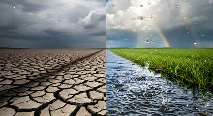 Climate change environmental concept showing contrast between drought and fertile land, global warming, climate crisis, and sustainability awareness nature background photography