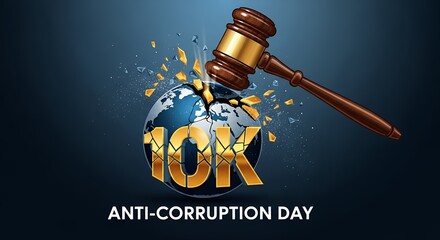 A gavel strikes a globe with "10K" on it, symbolizing the fight against corruption on Anti-Corruption Day.