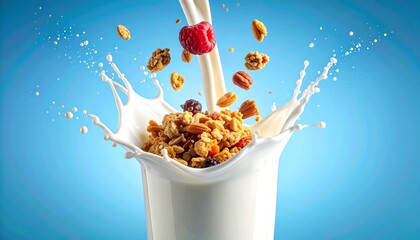 Milk splashing with cereal and raspberries against a bright blue backdrop