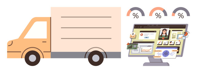 Delivery truck and digital dashboard with analytics, documents, and charts. Ideal for logistics, delivery, business analysis, transportation, supply chain automation and e-commerce. Simple flat