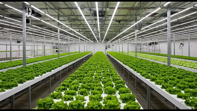 Greenhouse lettuce production rows under bright lighting