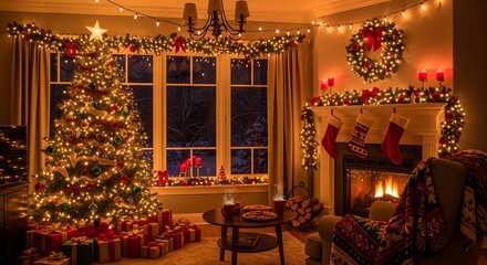 A cozy living room decorated for Christmas with a lit tree, presents, stockings, and a fireplace.