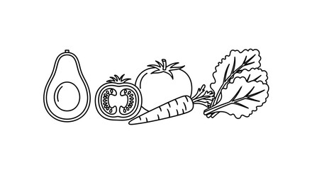 Vector line illustration of healthy ingredients – avocado, tomato, carrot, and lettuce in simple monochrome style