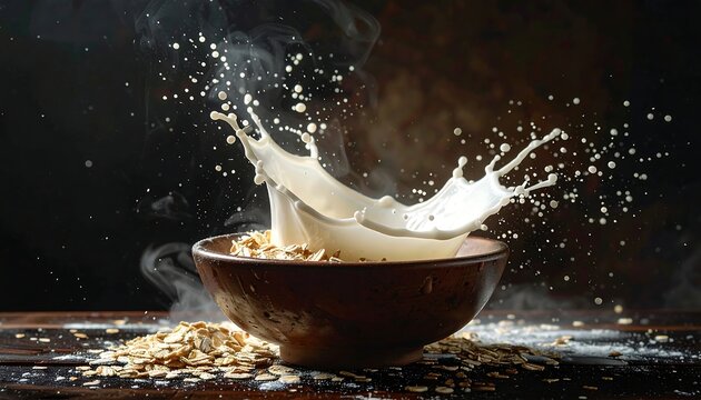Milk splashing into a bowl of oats with steam rising, close up