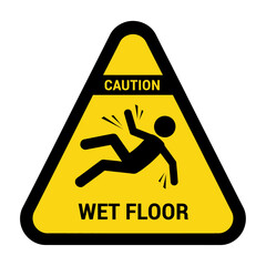 Caution wet floor sign warning of slippery surface and potential danger, indicating a hazard for pedestrians in a public area.