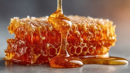 Organic honeycomb close-up with honey dripping naturally