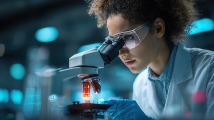 Naklejka premium Portrait of young Black female scientist looking under microscope in modern laboratory