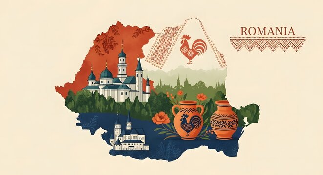 Illustrated travel map of Romania highlighting cultural heritage, traditional folklore, and historic landmarks