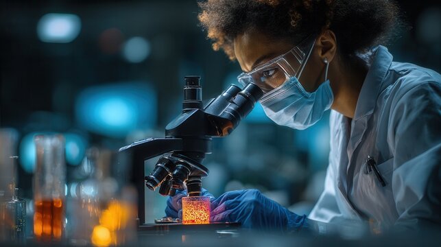 Portrait of young Black female scientist looking under microscope in modern laboratory