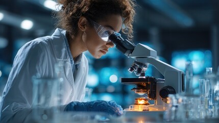 Person looking through microscope in laboratory