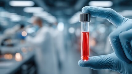 Close-up of technician handling blood sample tube in modern laboratory