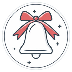Hand drawn bell with red ribbon and sparkling stars festive celebration icon