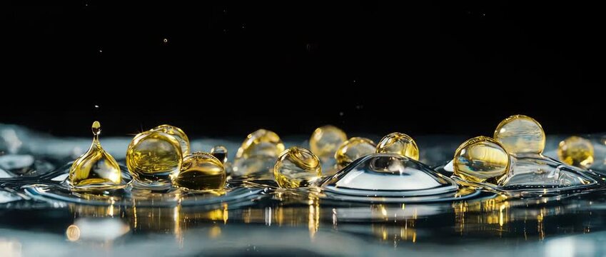 A stunning slow-motion display of immiscible liquids. Golden oil droplets form shimmering spheres as they are repelled by clear water, creating an artistic visual.