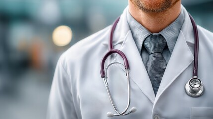 Close-up of stethoscope tubing and chest piece on lab coat, healthcare concept