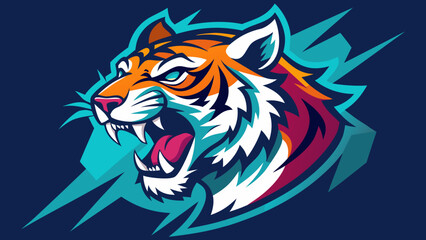 Roaring tiger head logo with sharp teeth and colorful fur, set against a dark blue background with lightning bolt accents, creating a dynamic design