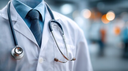 Close-up of stethoscope tubing and chest piece on lab coat, healthcare concept