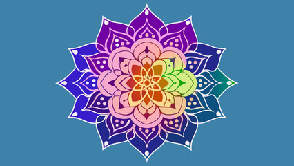 A vibrant mandala with rainbow hues radiating from its center, set against a serene blue backdrop, creating a sense of peace and harmony