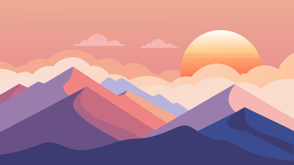 A serene landscape with pastel mountains and a rising sun, creating a peaceful and calming atmosphere with soft colors and gentle gradients