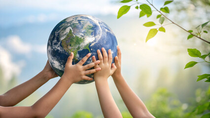 Children holding a globe together outdoors, symbolizing unity, environmental protection, and global responsibility
