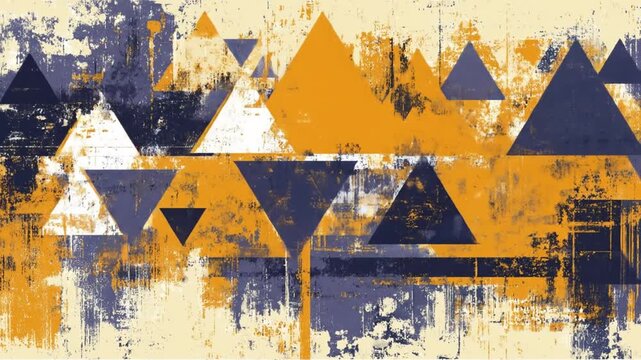 Abstract geometric background with distressed grunge texture, featuring overlapping triangles in modern orange, blue, and cream hues