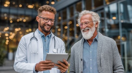 Doctor helping senior man understand medical information on tablet