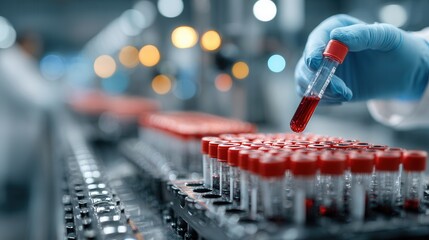 Doctor handling blood sample for testing with lab instruments and analysis equipment