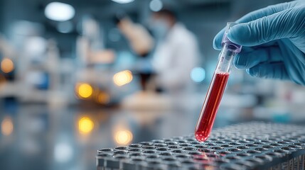 Doctor handling blood sample for testing with lab instruments and analysis equipment