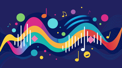 A vibrant musicthemed illustration with colorful waves, notes, and shapes creates a dynamic and energetic visual representation of sound