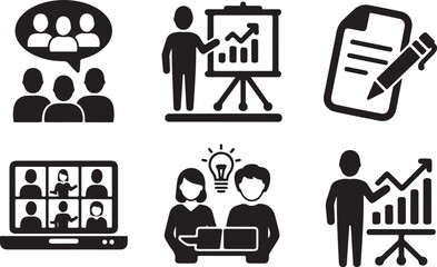 Business meeting and presentation icons for collaboration and growth