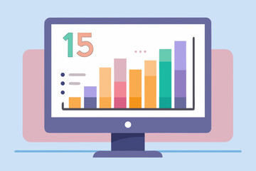 A computer monitor displaying a bar graph with the number 15 on the screen, representing data analysis and visualization on a digital device