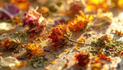 Close up of dried marigold flowers scattered on a textured surface illuminated by warm natural daylight casting long shadows creating a beautiful artistic composition
