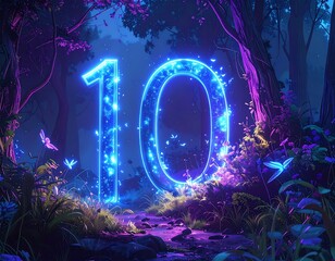 A neon blue glowing number ten illuminates a forest path