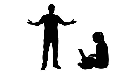 Vector silhouette illustration of person standing with open arms and another sitting with laptop – minimal flat design for infographic or presentation