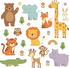 Cartoon animal character set with funny vector icons for kids