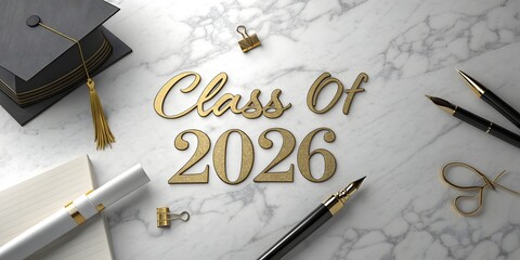 Elegant class of 2026 lettering on a marble background, surrounded by graduation cap, diploma, pens, and lock, signifying academic accomplishment.