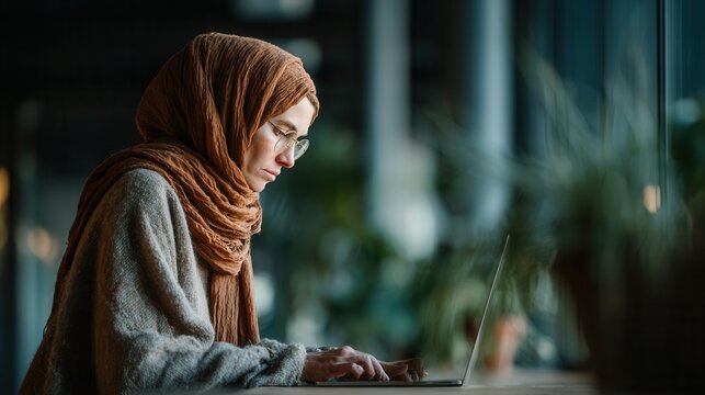 Executive Indian businesswoman in hijab working at desk with laptop - Powered by Adobe