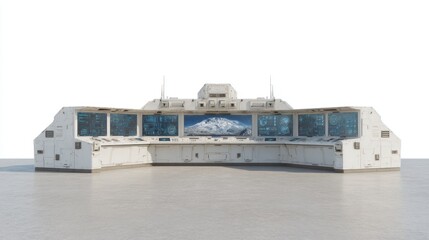 Futuristic Command Center Interface Displaying Mountainous Terrain on Screen