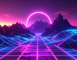 A neon landscape featuring mountains, a grid, and a glowing circle